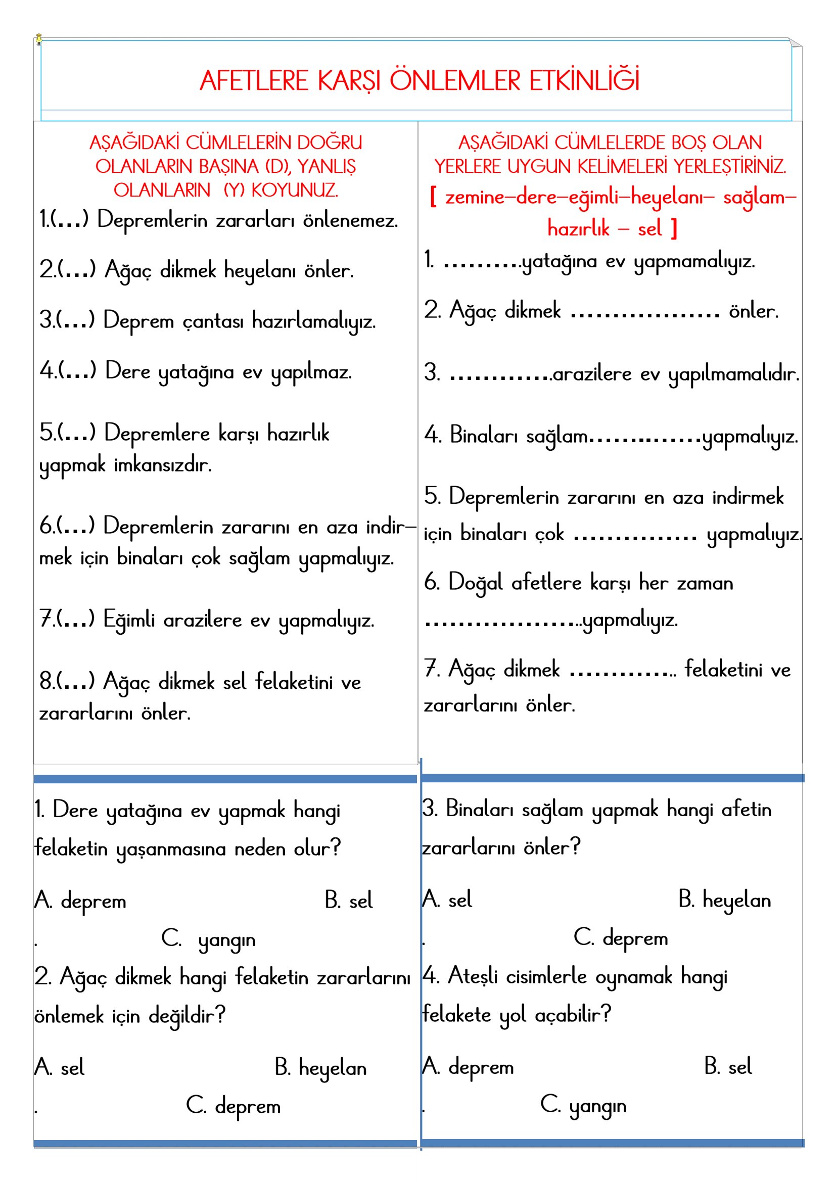 2.Sınıf - Hayat Bilgisi Afetlere Karşı Önlemler Etkinliği