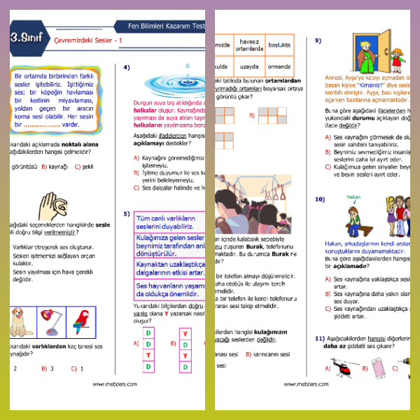 3. Sınıf Fen Bilimleri Çevremizdeki Sesler-1 Kazanım Testi