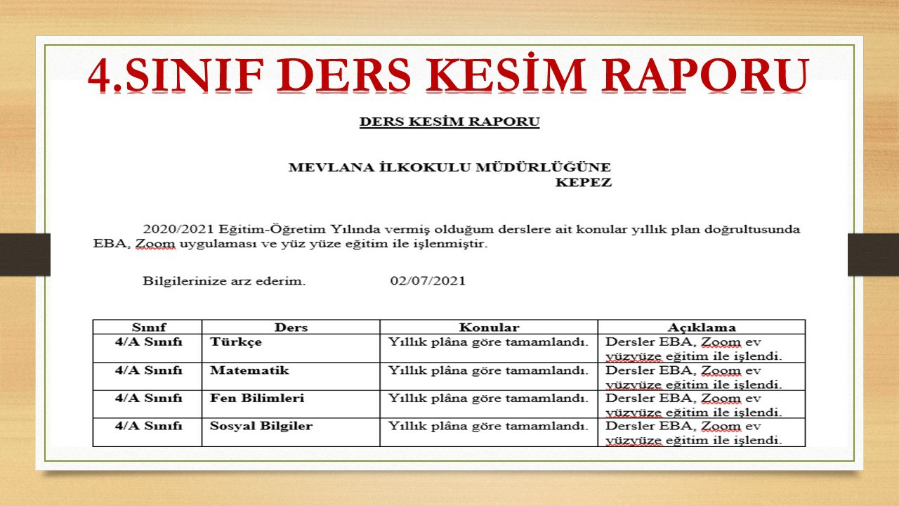 4.Sınıf Ders Kesim Raporu (2020-2021 Yılı Uzaktan ve Yüz Yüze Eğitime Uygun)