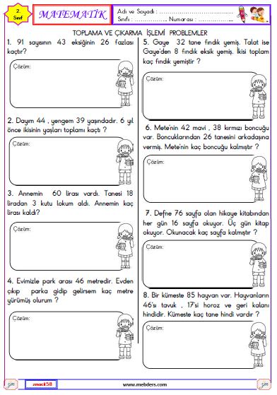 2. Sınıf Matematik Toplama ve Çıkarma İşlemi İle İlgili Problemler Etkinliği 9