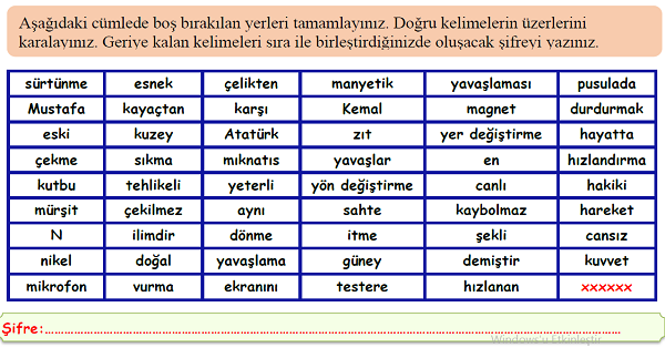 4.Sınıf Fen Bilimleri Kuvvetin Etkileri Boşluk Doldurma Etkinliği