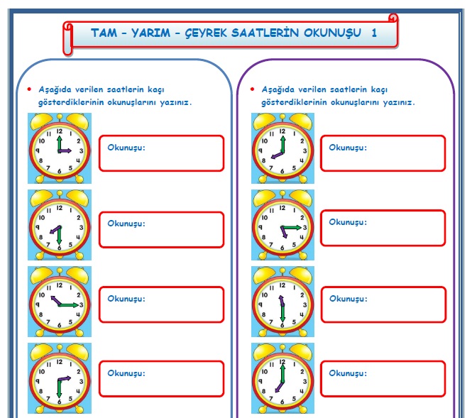 2.Sınıf Matematik Tam  Yarım Çeyrek Saatlerin Okunuşu ve Gösterilişi  1