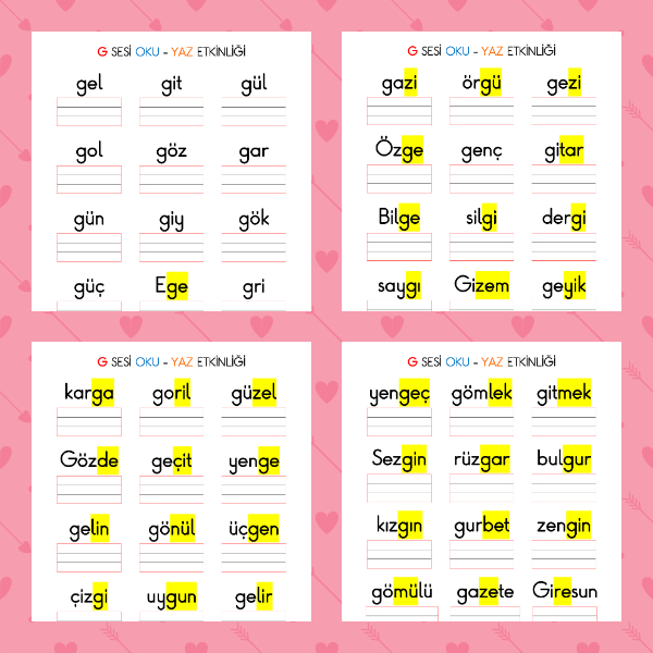 1. Sınıf İlkokuma Yazma - G Sesi Kelime Oku Yaz Etkinliği