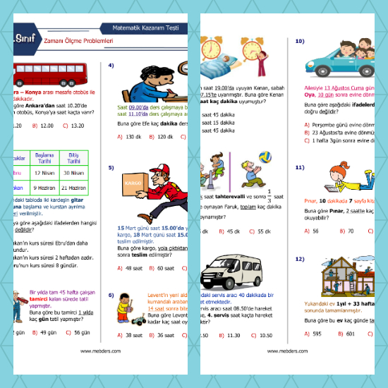 3. Sınıf Matematik Zamanı Ölçme Problemleri Kazanım Testi