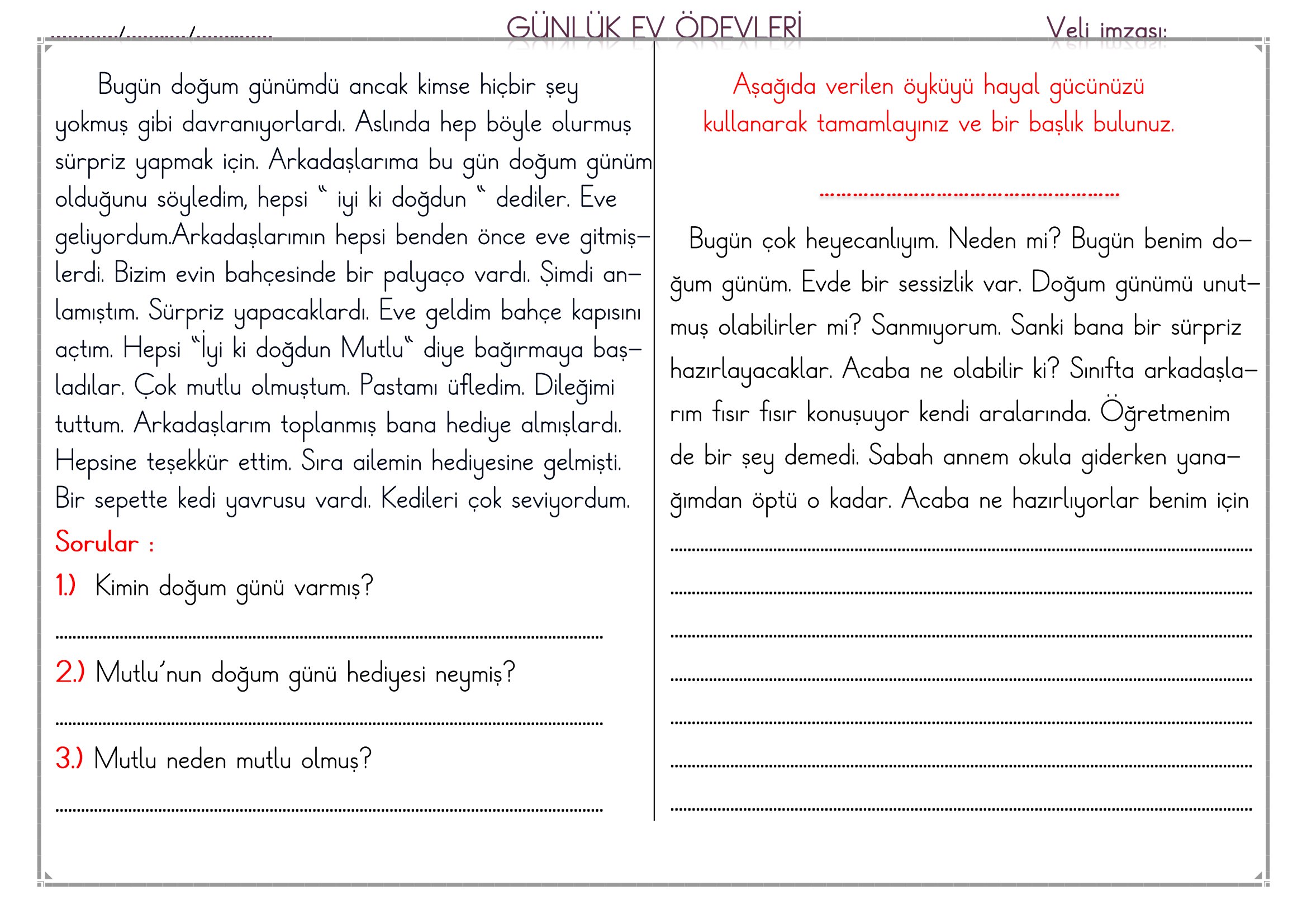 1.Sınıf - 27 Şubat 2026 Günlük Ev Ödevleri