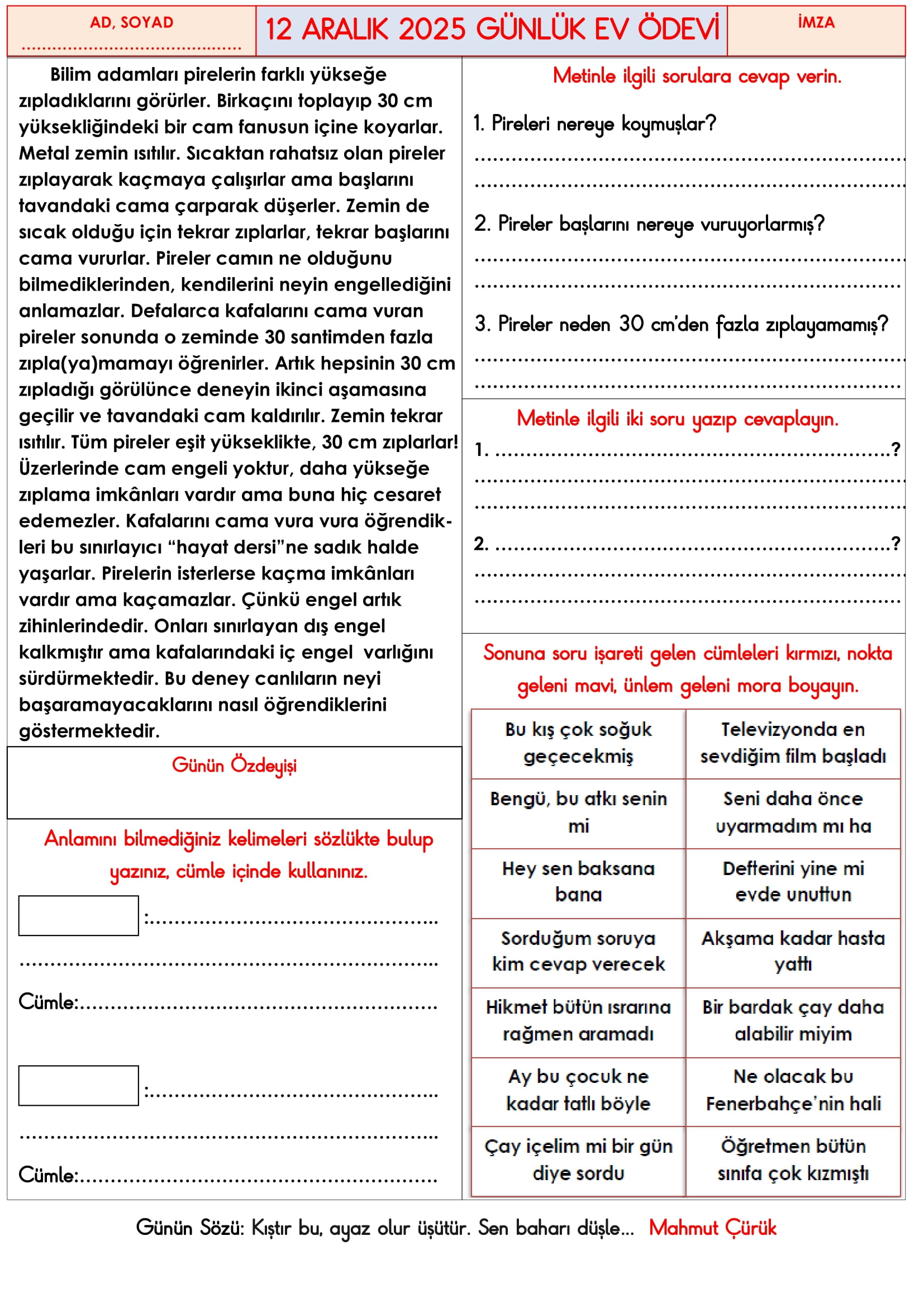 3.Sınıf - 12 Aralık 2025 Günlük Ev Ödevleri