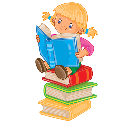 Clipart sıralı dizilmiş kitapların üzerinde kitap okuyan kız çocuk resmi