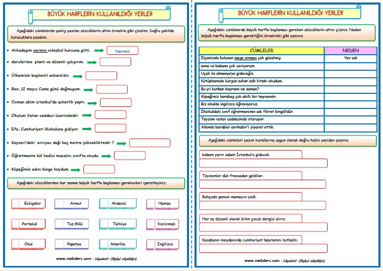 2.Sınıf Türkçe Büyük Harflerin Kullanıldığı Yerler (4 Sayfa)