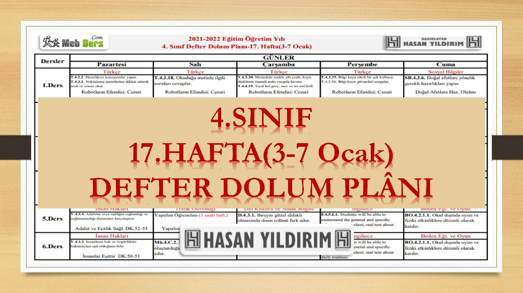 4.Sınıf 17.Hafta(3-7 Ocak) Defter Dolum Planı