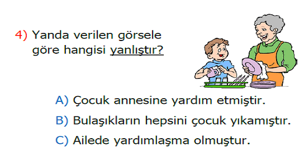 2.Sınıf Hayat Bilgisi Evde Neler Yapabilirim Kazanım Testi