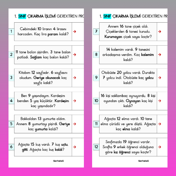 1. Sınıf Matematik - Çıkarma İşlemi Gerektiren Problemler Etkinliği - 1