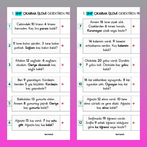 1. Sınıf Matematik - Çıkarma İşlemi Gerektiren Problemler Etkinliği - 1