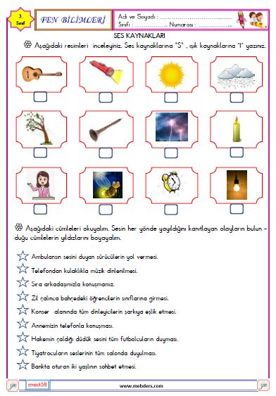 3. Sınıf Fen Bilimleri Ses kaynakları Etkinliği 1