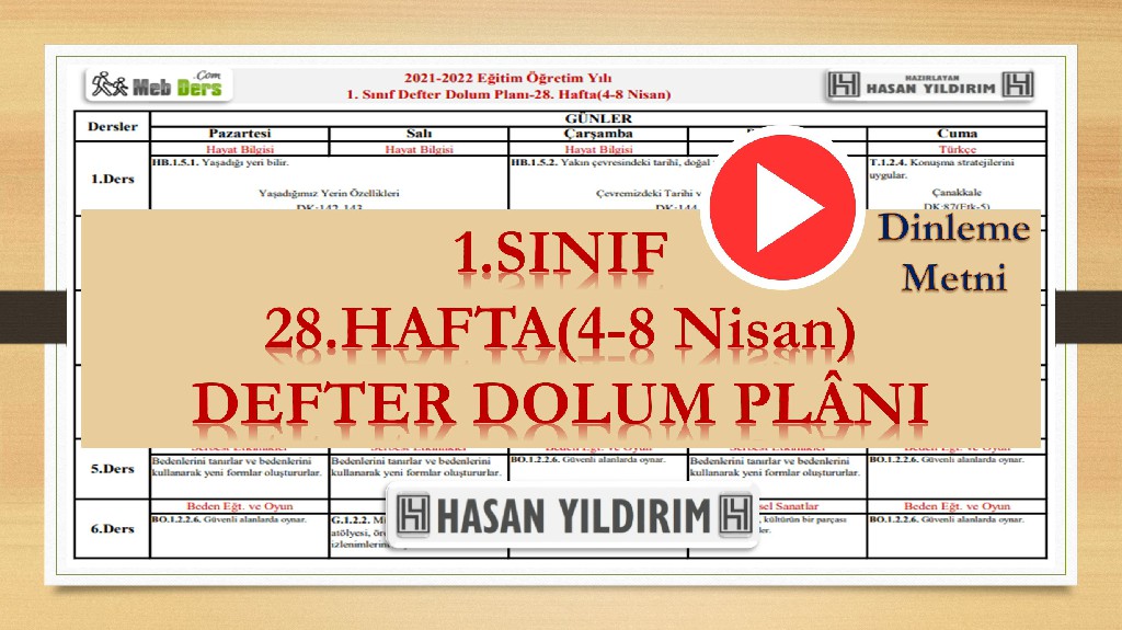 1.Sınıf 28.Hafta(4-8 Nisan) Defter Dolum Planı
