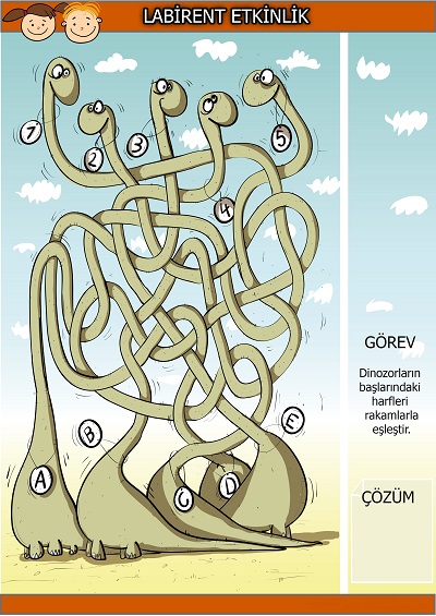 Boynu dolanan dinozorlar labirent bulmaca etkinliği