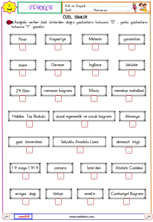 2. Sınıf Türkçe Özel  İsim  Etkinliği