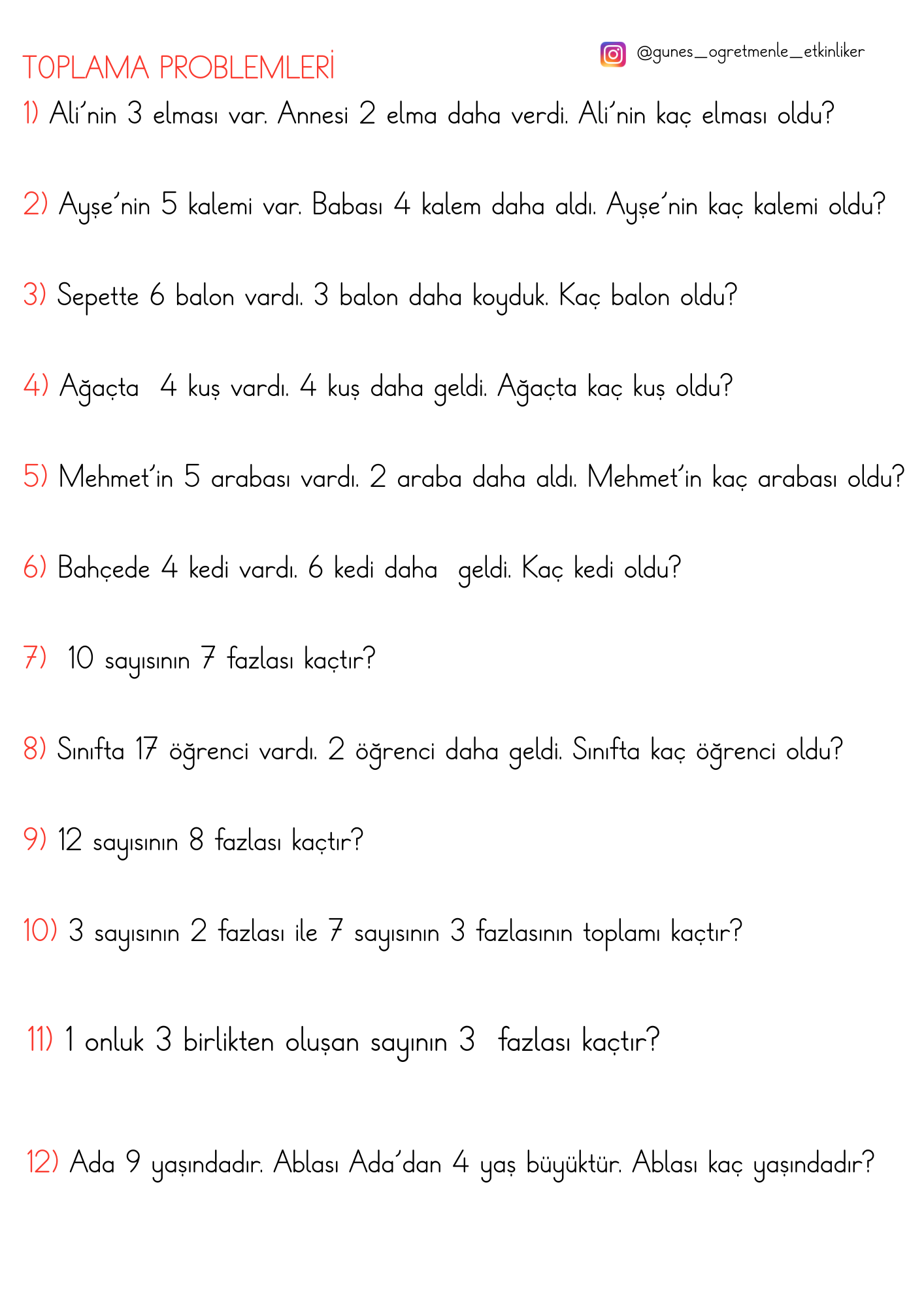 1.Sınıf Toplama Problemleri