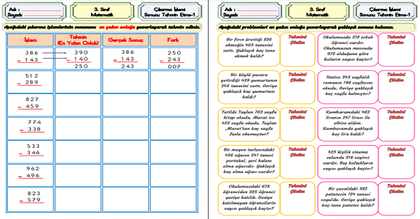 3.Sınıf Matematik Çıkarma İşlemi-Sonucu Tahmin Etme