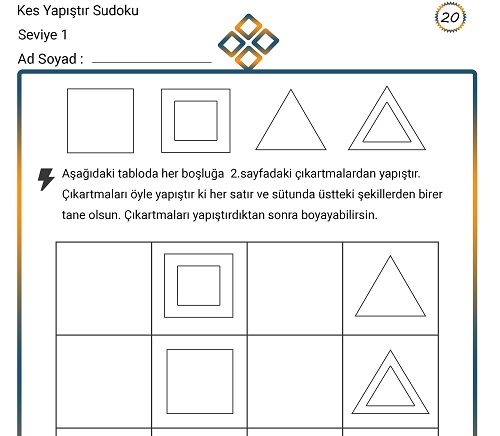 Kes Yapıştır Sudoku Etkinliği 20 (Seviye 1)