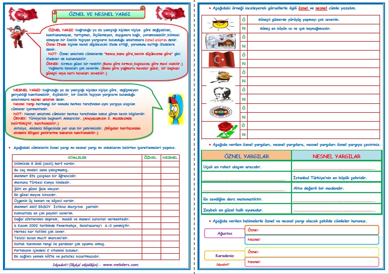 4.Sınıf Türkçe Öznel ve Nesnel Yargılar Konu Anlatımı Etkinlik Çalışması  (2 Sayfa)