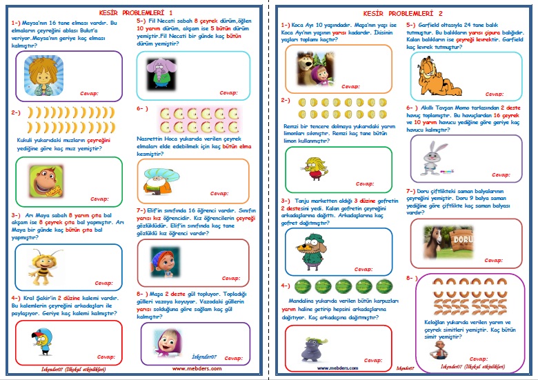 2.Sınıf Matematik Kesir Problemleri  1-2  (2 Sayfa-16 Soru)