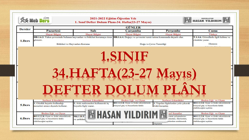 1.Sınıf 34.Hafta(23-27 Mayıs) Defter Dolum Planı