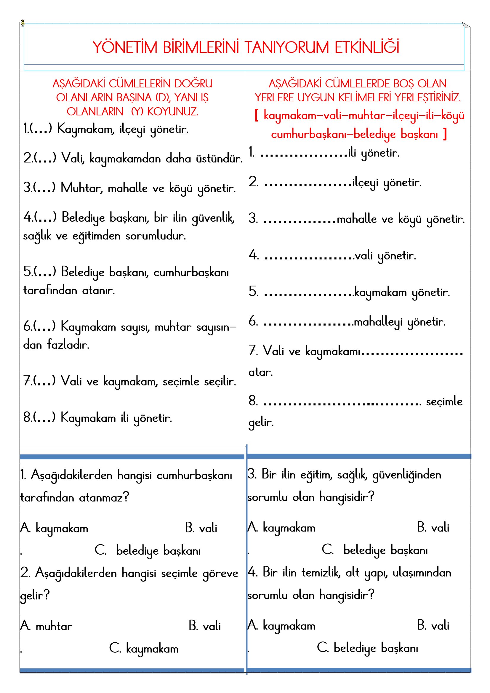 2.Sınıf - Hayat Bilgisi Yönetim Birimlerini Tanıyorum Etkinliği