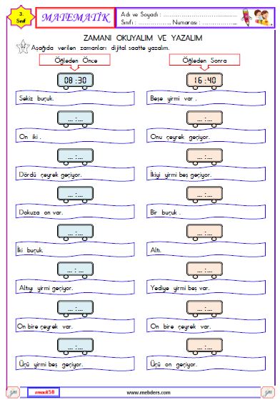 3. Sınıf Matematik Zamanı Okuyalım ve Yazalım Etkinliği 7