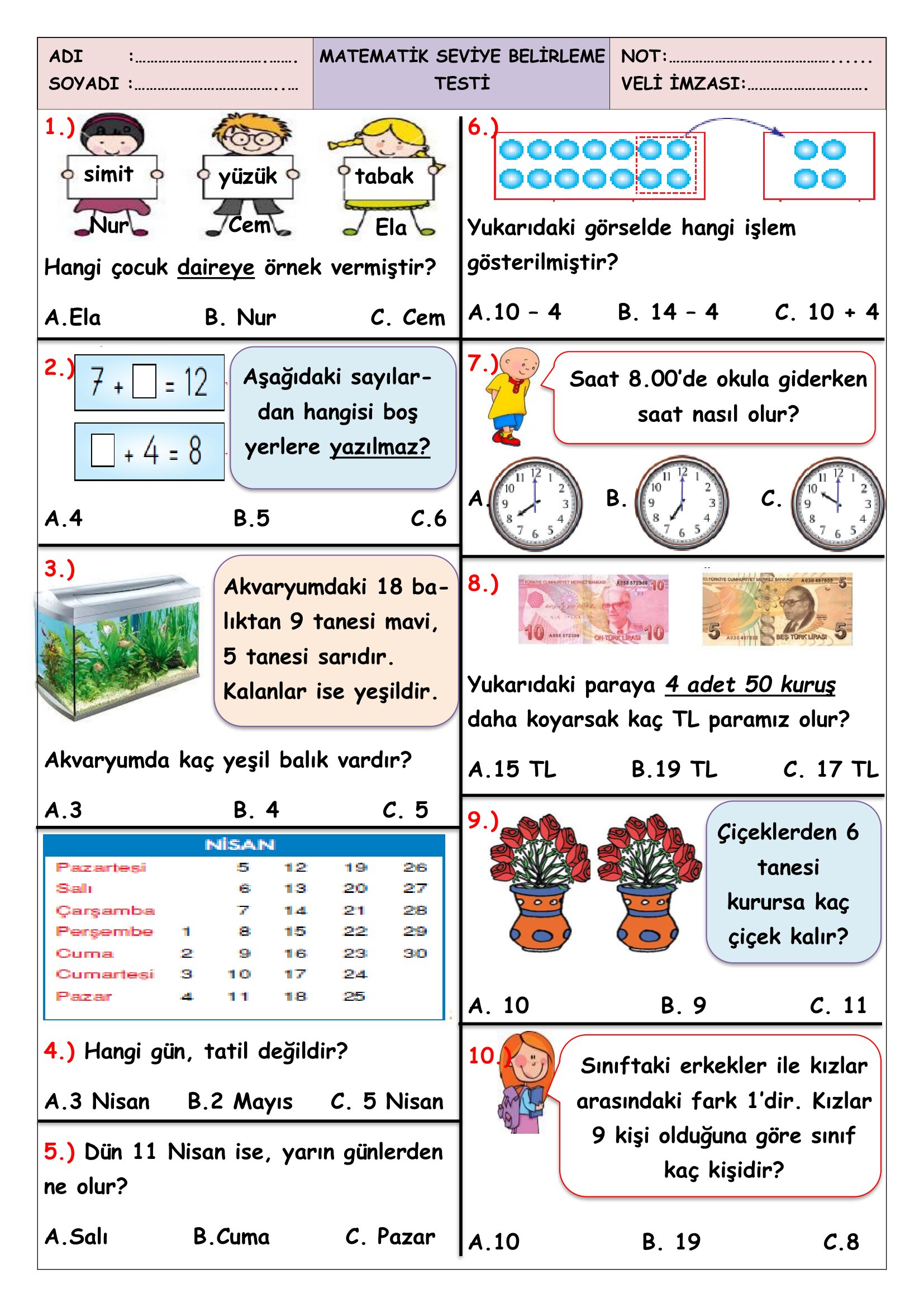 1.Sınıf -Matematik Seviye Belirleme Test-3