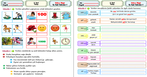 3.Sınıf Türkçe Eş Sesli Kelimeler-1