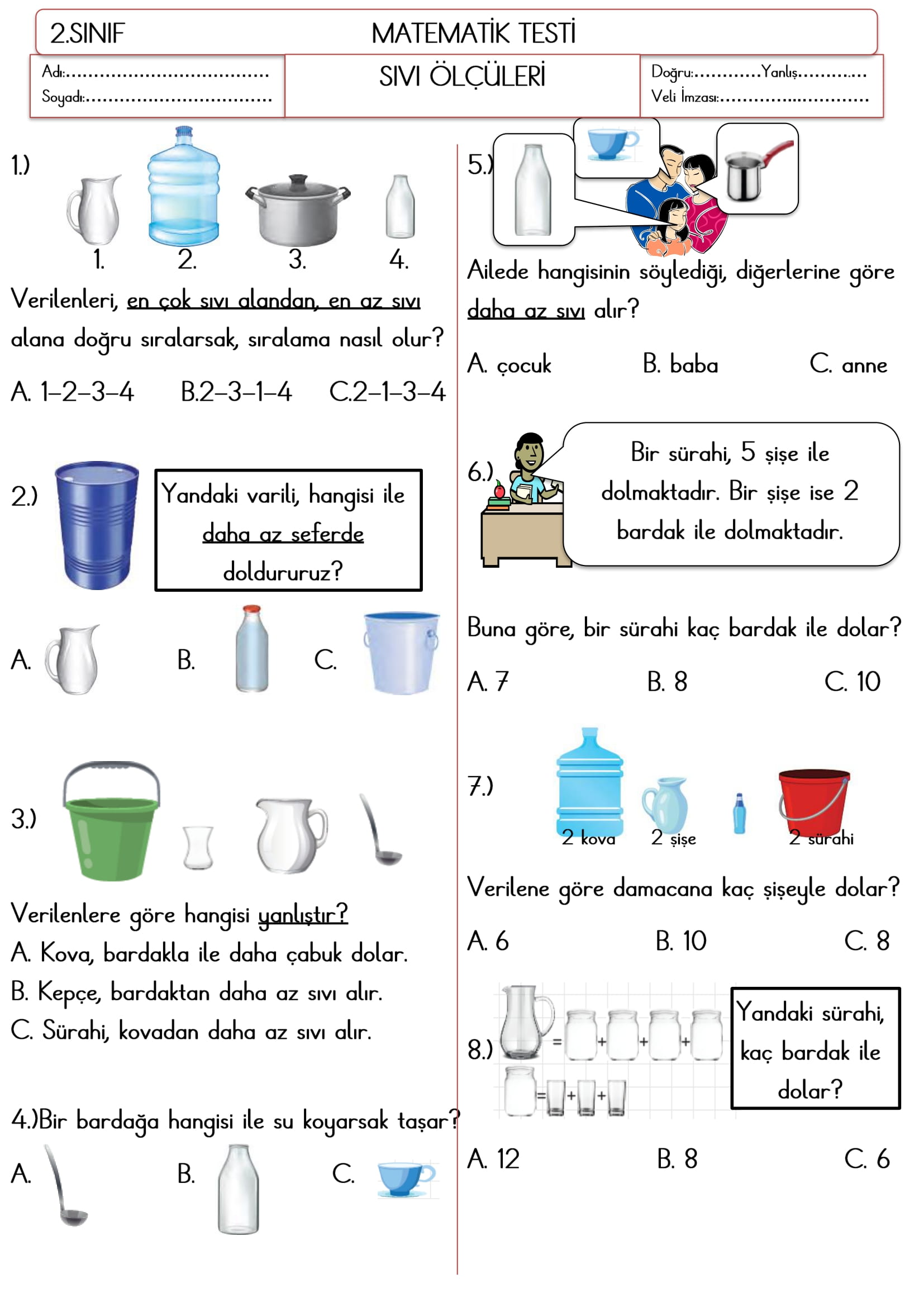 2.Sınıf Matematik Sıvı Ölçüleri Testi