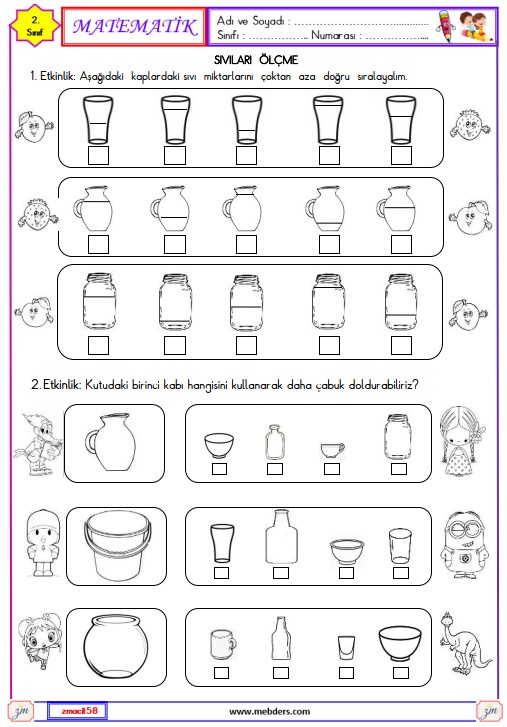 2. Sınıf Matematik Sıvıları Ölçme Etkinliği 2