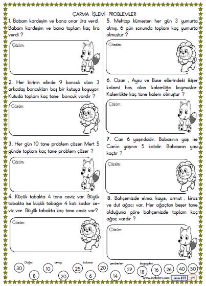 2. Sınıf Matematik Çarpma İşlemi Problemleri Etikinliği 3