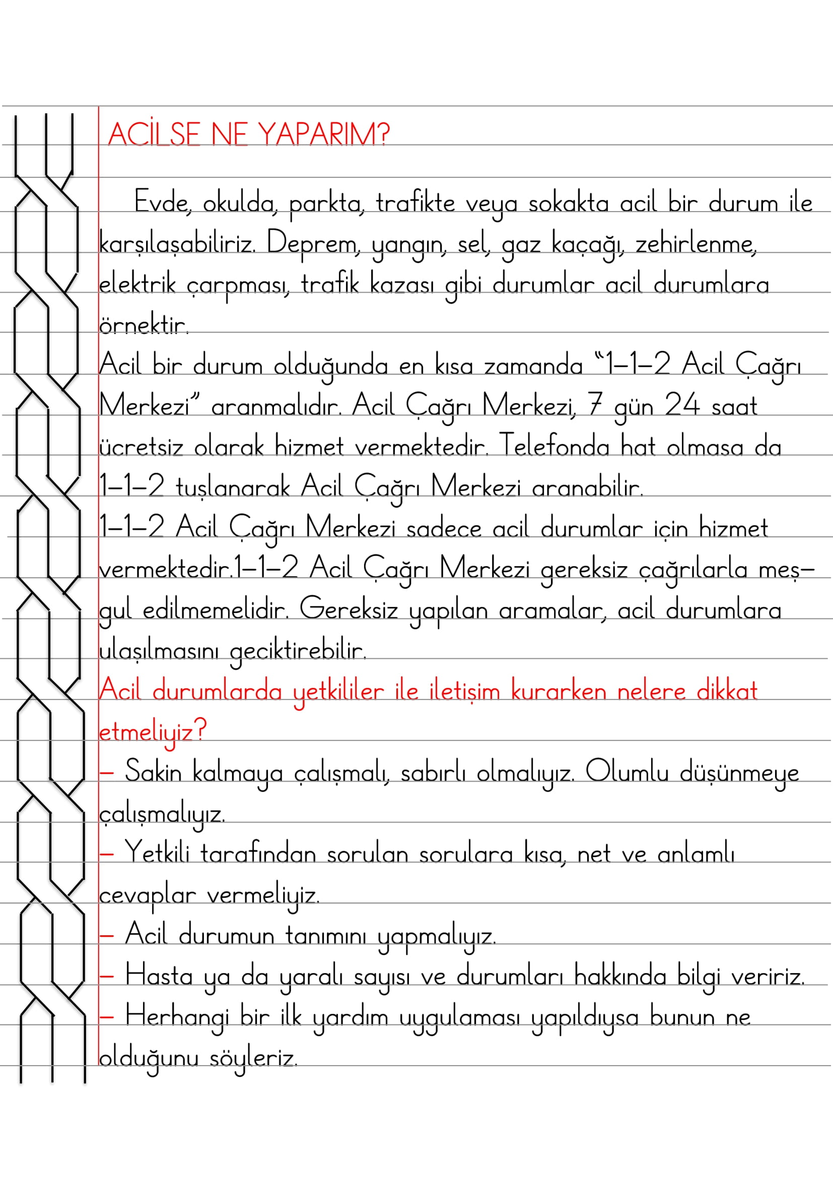 2.Sınıf - Hayat Bilgisi Acilse Ne Yaparım Defter Özeti