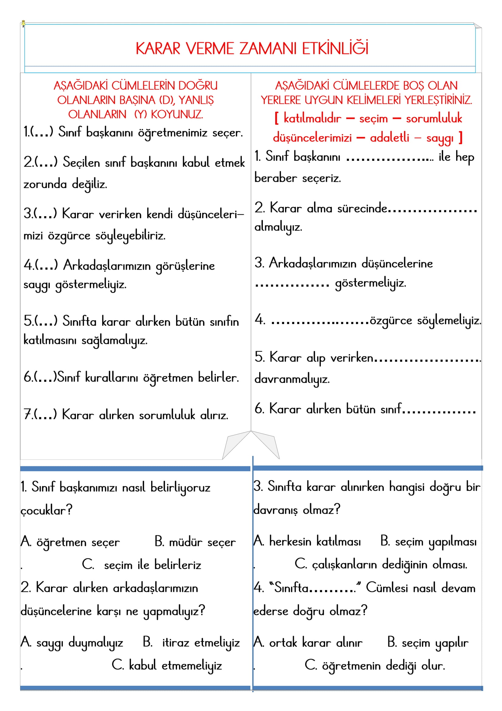 2.Sınıf - Hayat Bilgisi Karar Verme Zamanı Etkinliği