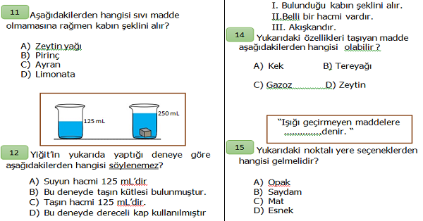 4.Sınıf Fen Bilimleri Maddenin Özellikleri Ünite Değerlendirmesi