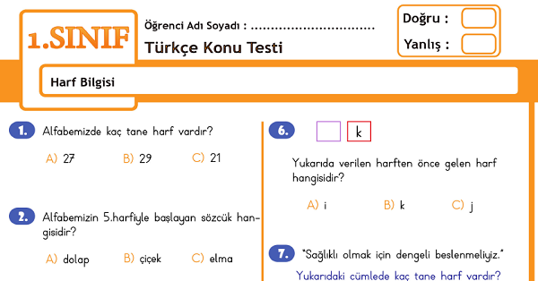 1.Sınıf Türkçe Harf Bilgisi Konu Tarama Testi