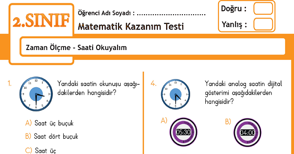 2.Sınıf Matematik Zaman Ölçme - Saatler Kazanım Testi