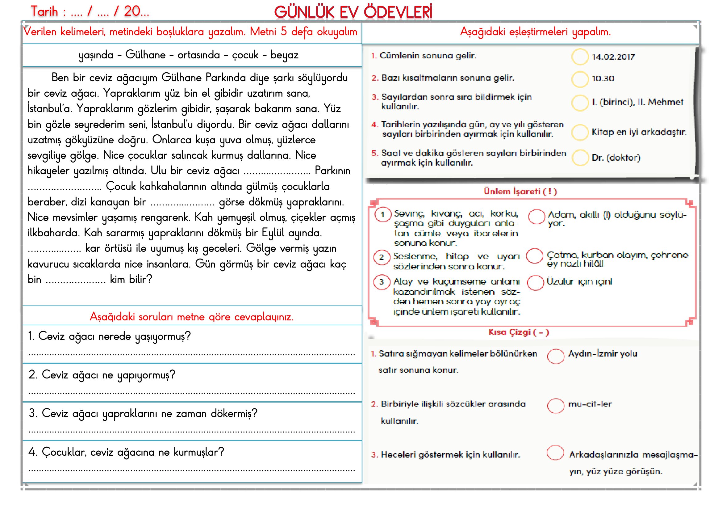 2.Sınıf - 10 Nisan 2026 Günlük Ev Ödevleri
