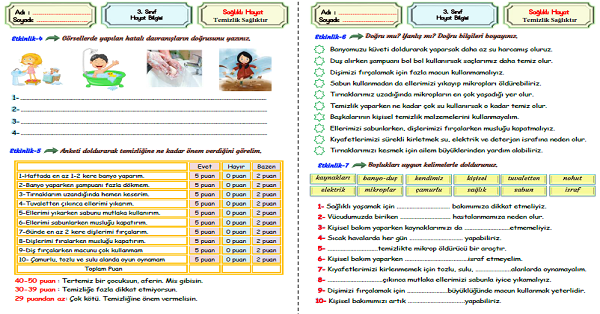 3. Sınıf Hayat Bilgisi Temizlik Sağlıktır Etkinliği