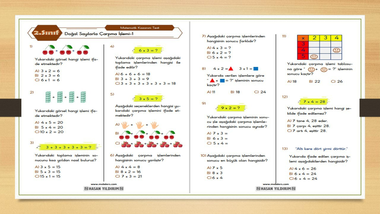 2.Sınıf Matematik Doğal Sayılarla Çarpma İşlemi Testi-1