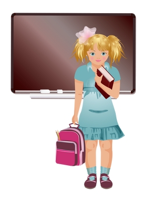 Clipart elinde çantası ve kitabıyla tahtada dikilen kız çocuğu resmi png