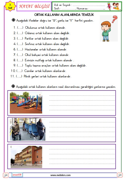 3. Sınıf Hayat Bilgisi Ortak Kullanım Alanmlarımız Etkinliği