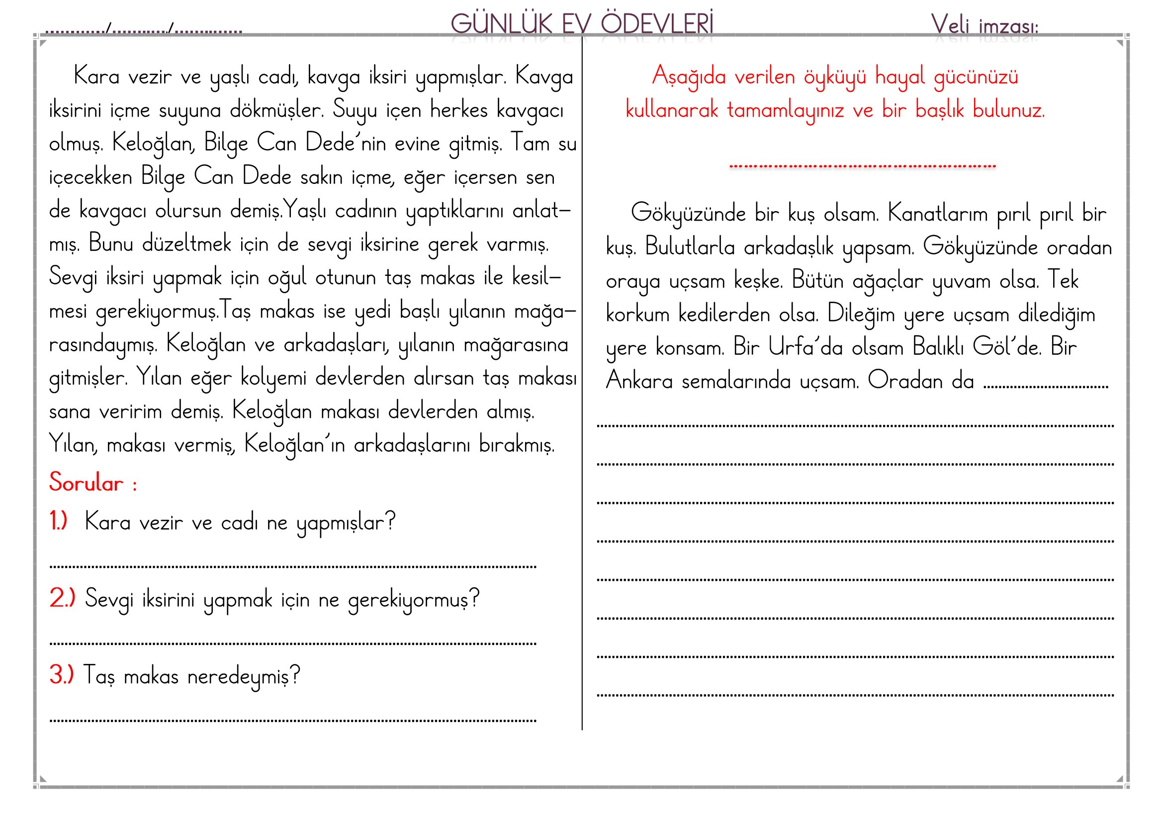 1.Sınıf - 02 Mart 2026 Günlük Ev Ödevleri
