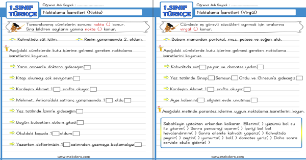 1.Sınıf Türkçe Noktalama İşaretleri (Nokta, Virgül) Etkinliği 1