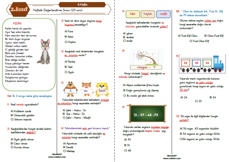 2.Sınıf Haftalık Değerlendirme Testi - 6.Hafta (17-21 Ekim)