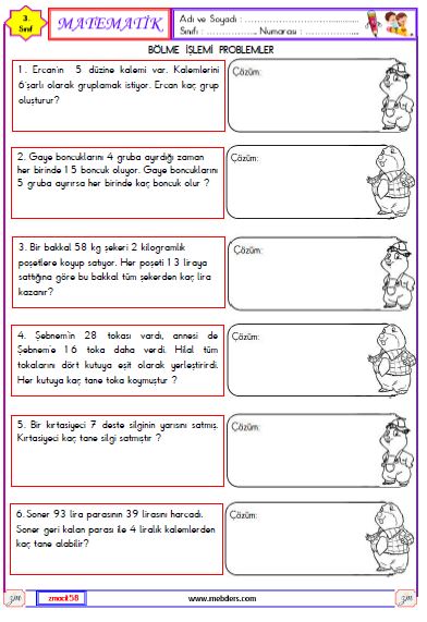 3. Sınıf Matematik Bölme İşlemi Problemleri Etkinliği 5