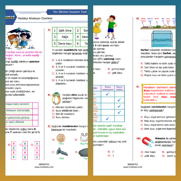 4. Sınıf Fen Bilimleri Maddeyi Niteleyen Özellikler Kazanım Testi