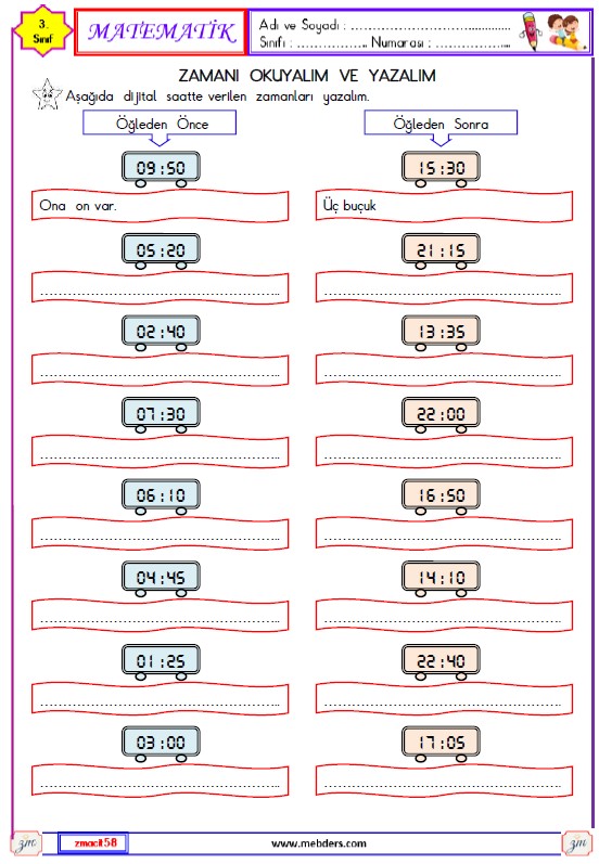 3. Sınıf Matematik Zamanı Okuyalım ve Yazalım Etkinliği 6