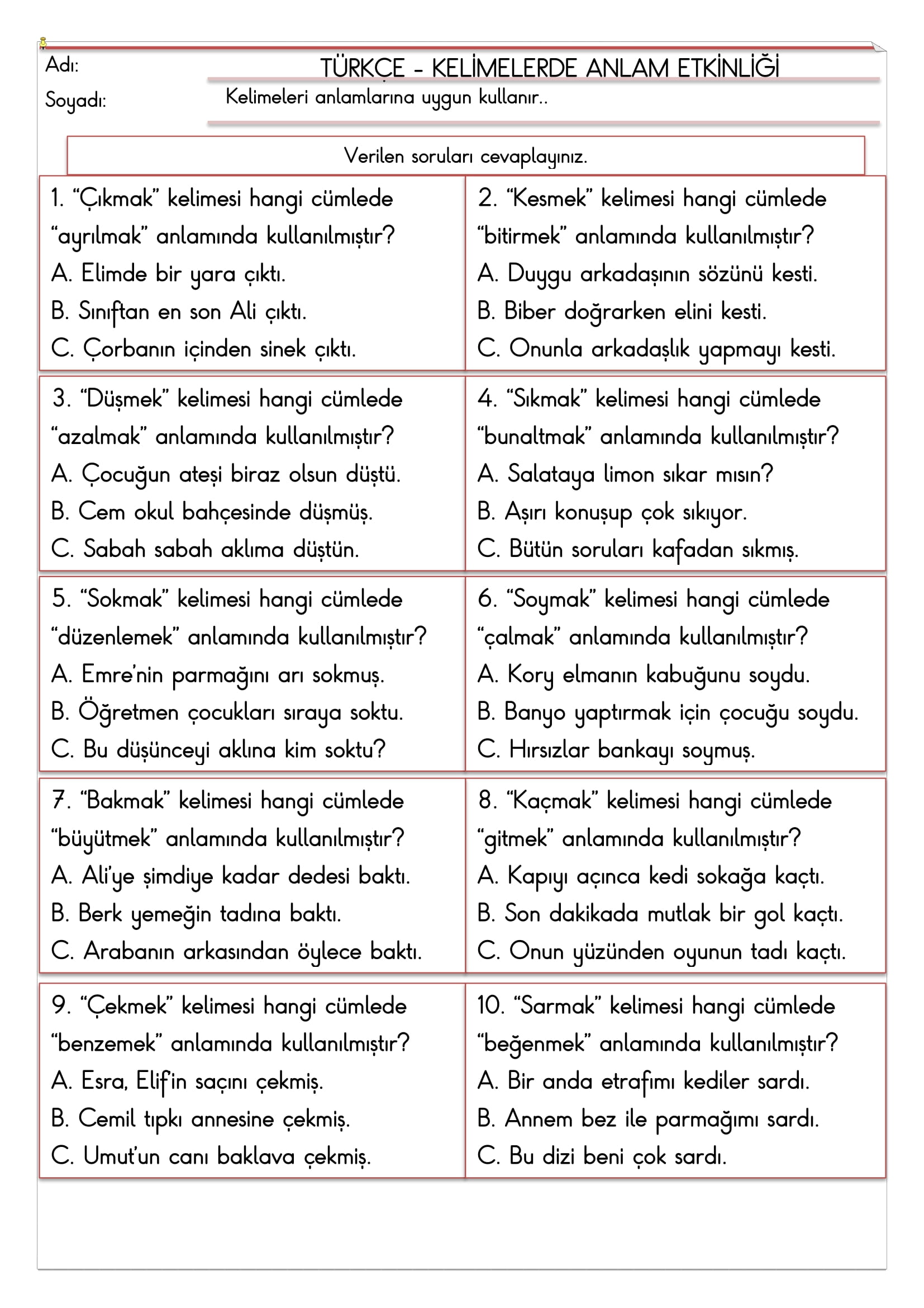 2.Sınıf - Türkçe - Kelimelerde Anlam Etkinliği
